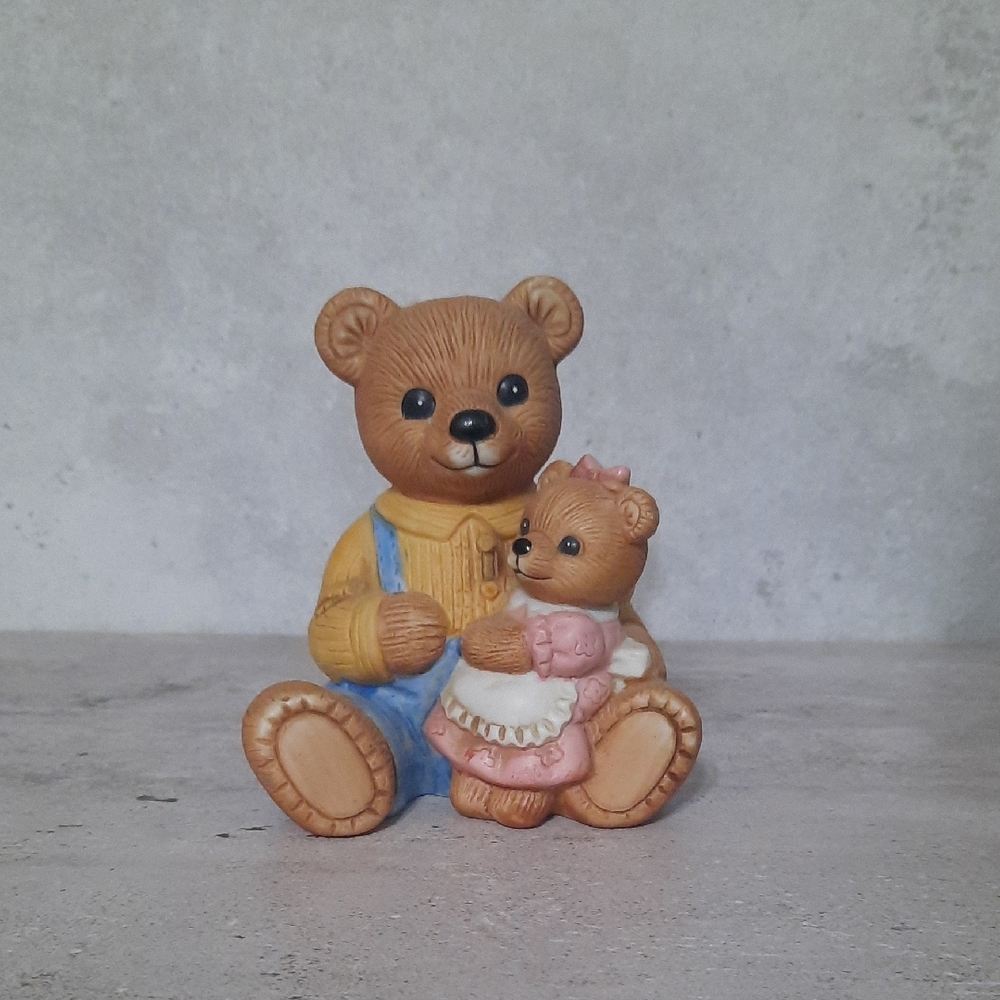 Charming Father Bear and Baby Girl Cub. Brown and Pink Bear Figurine Set